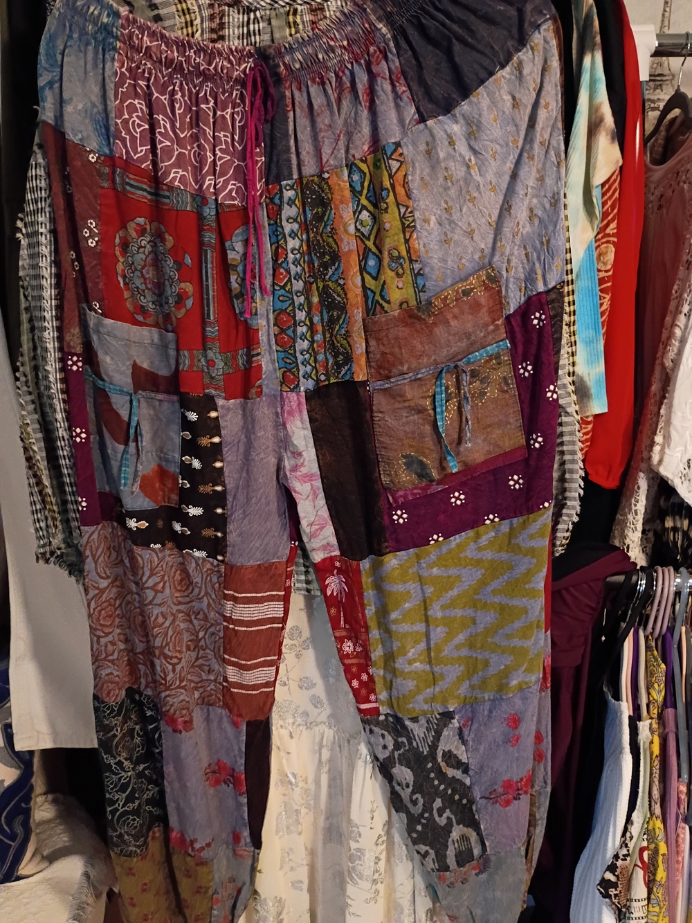 Boho Patchwork Elastic Waist Pants - Multicolor